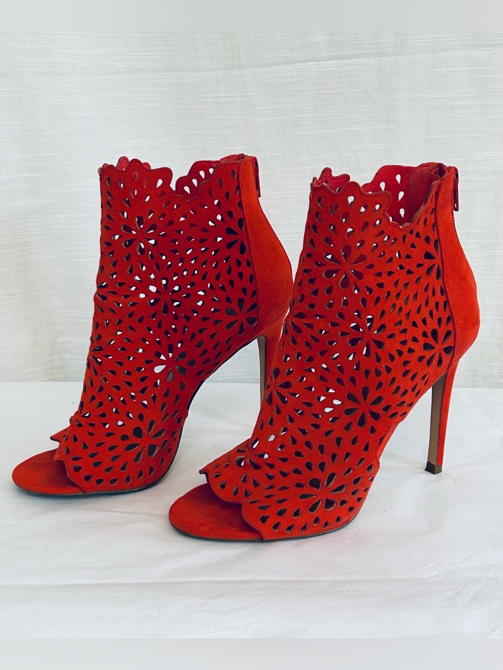Aldo Red Laser-Cut Peep-Toe Stiletto Booties‎ - Women's Fashion Heels
